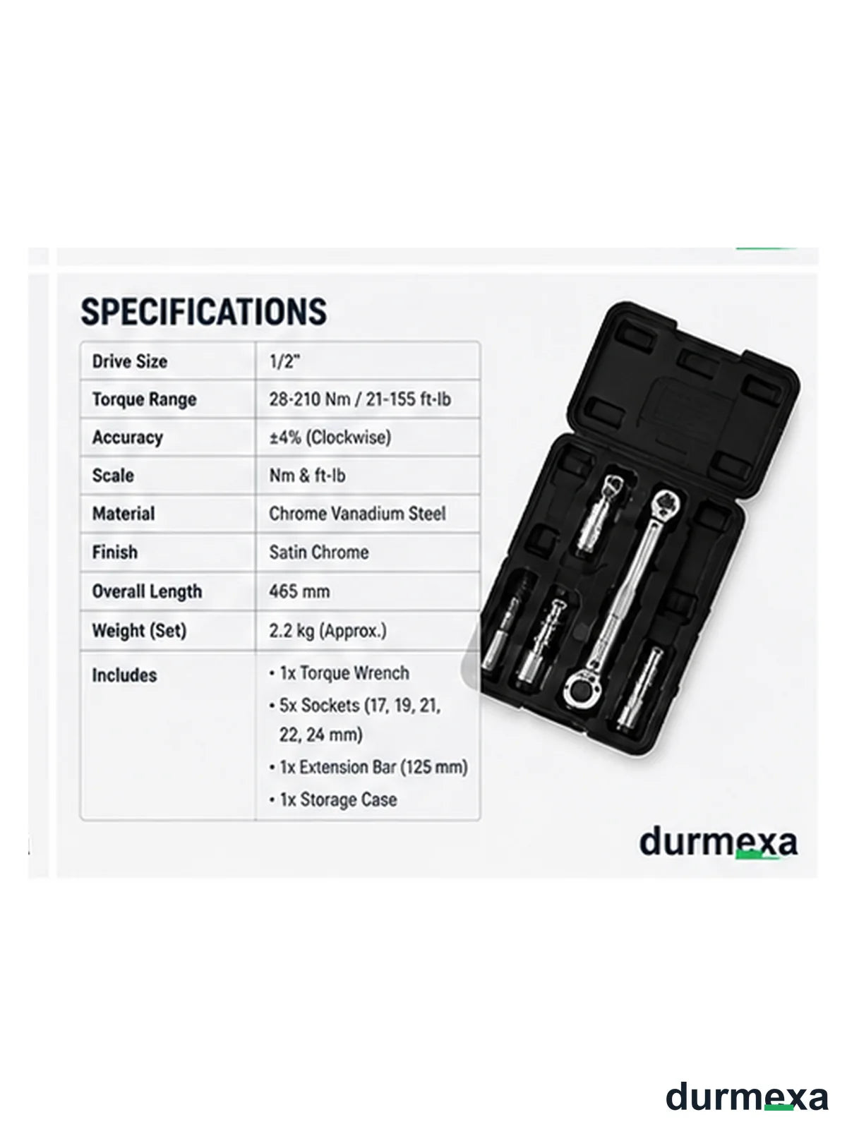 DURMEXA torque wrench specifications and fitted case